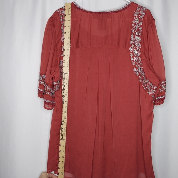 Denim24/7 Embroidered Top 24W Muted Red Chiffon Silver Peasant Fairy Witchy - Picture 4 of 6